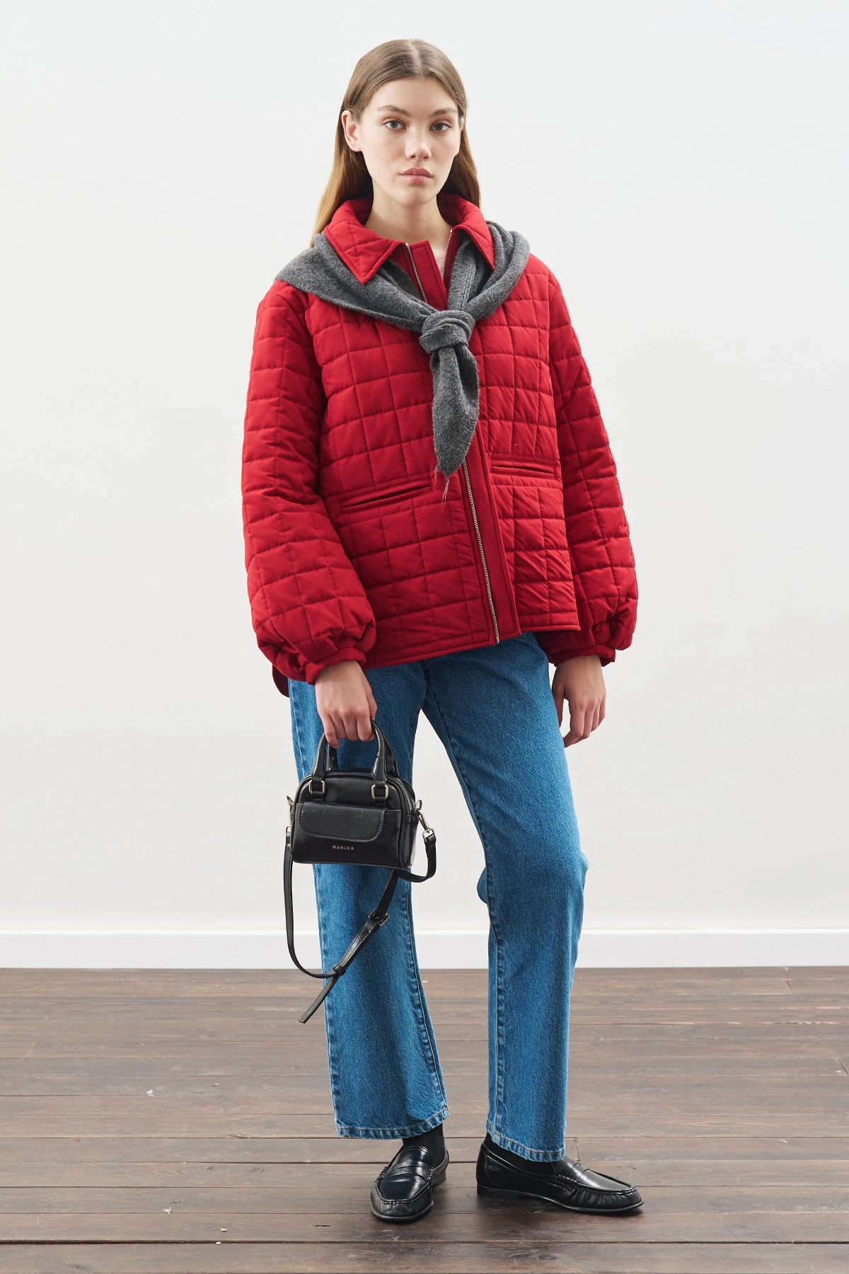 BALON KOL DETAYLI KAPİTONE MONT KIRMIZI