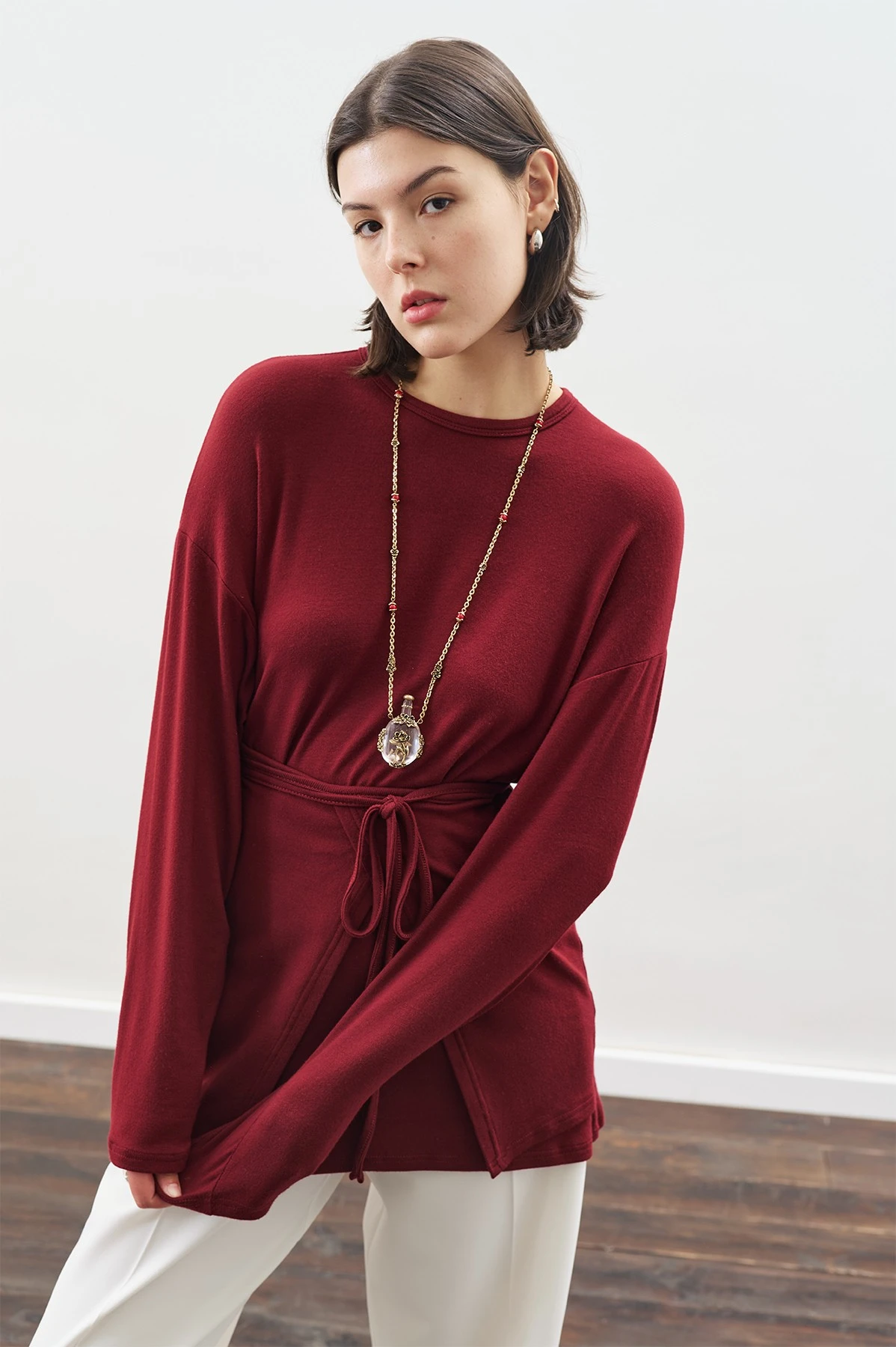 BELİ BAĞLAMA TASARIMLI BLUZ BORDO