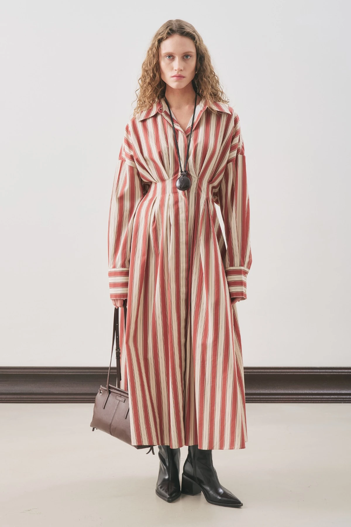 PİLE DETAYLI GÖMLEK ELBİSE KİREMİT ÇİZGİLİ