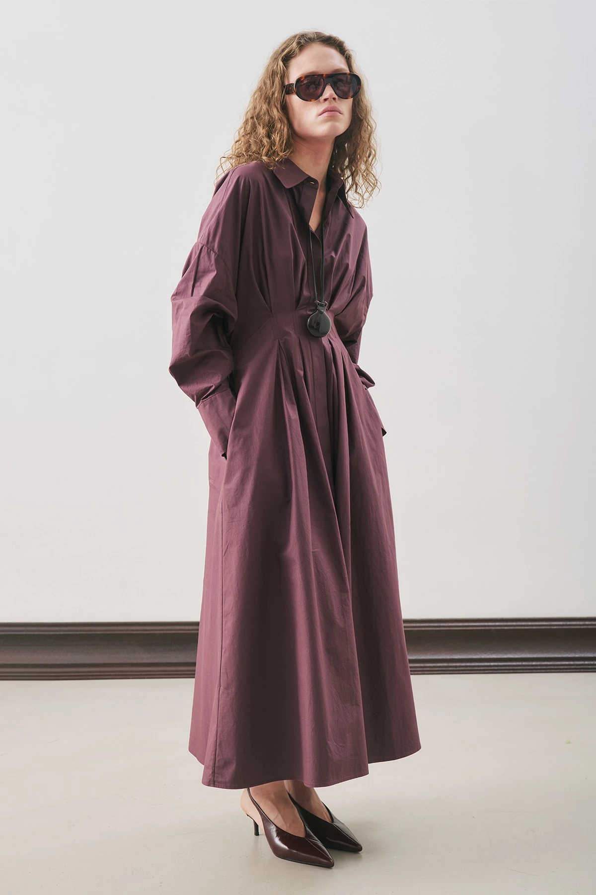 PLEATED DETAIL SHIRT DRESS PURPLE