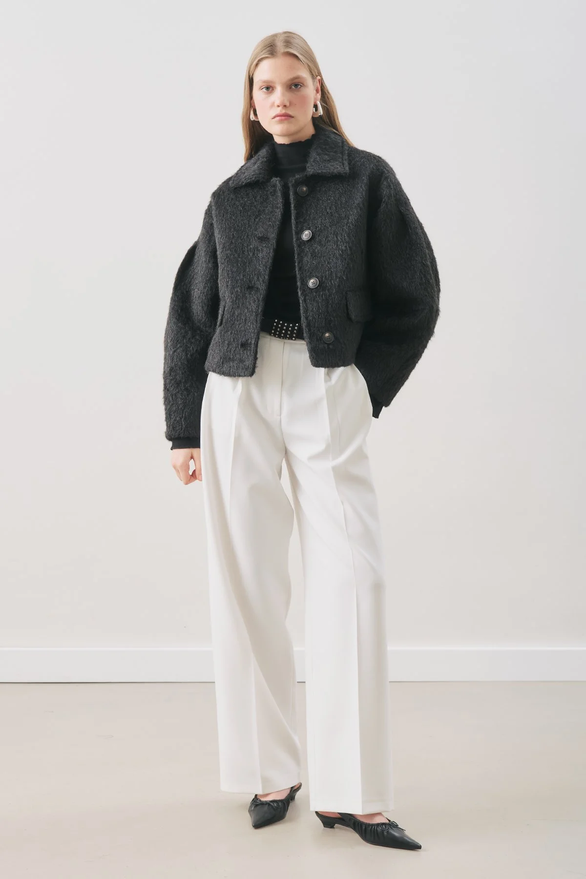 BOUCLE KISA KABAN SİYAH