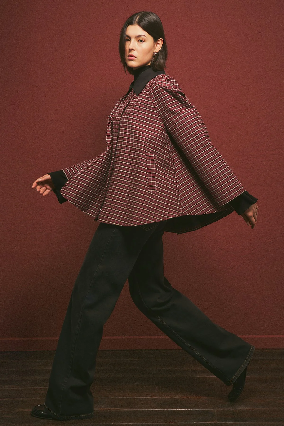 CONTRAST COLLAR TRENCH COAT PLAID