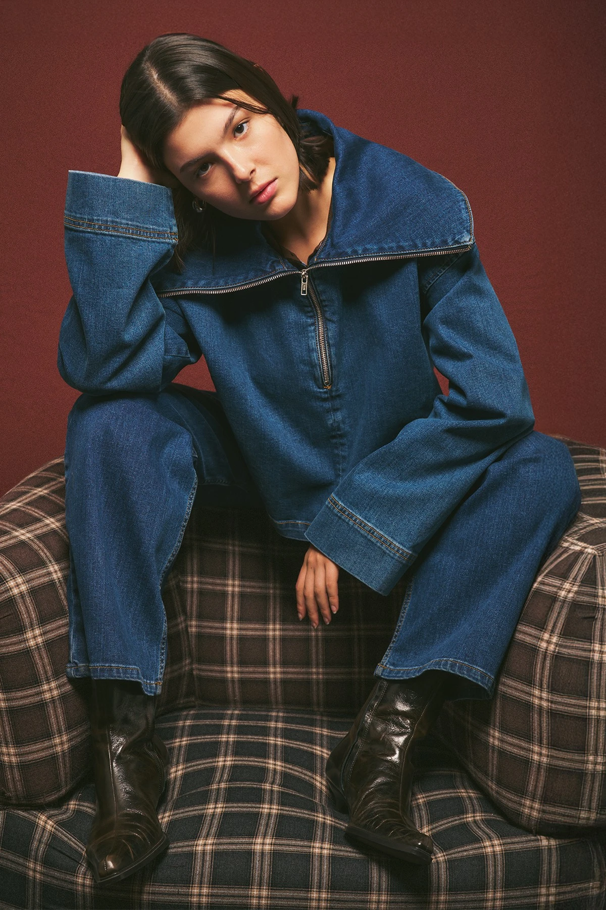 GENİŞ YAKALI DENİM BLUZ KOYU MAVİ