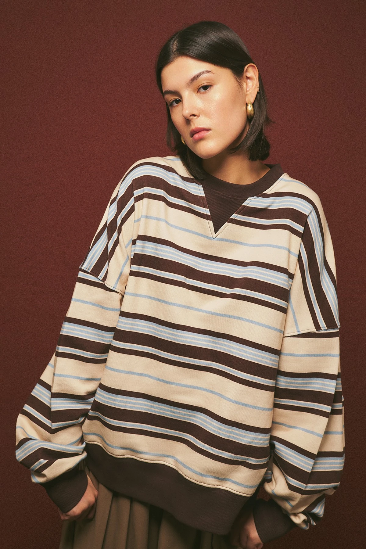 OVERSIZE STRIPED SWEATSHIRT BROWN