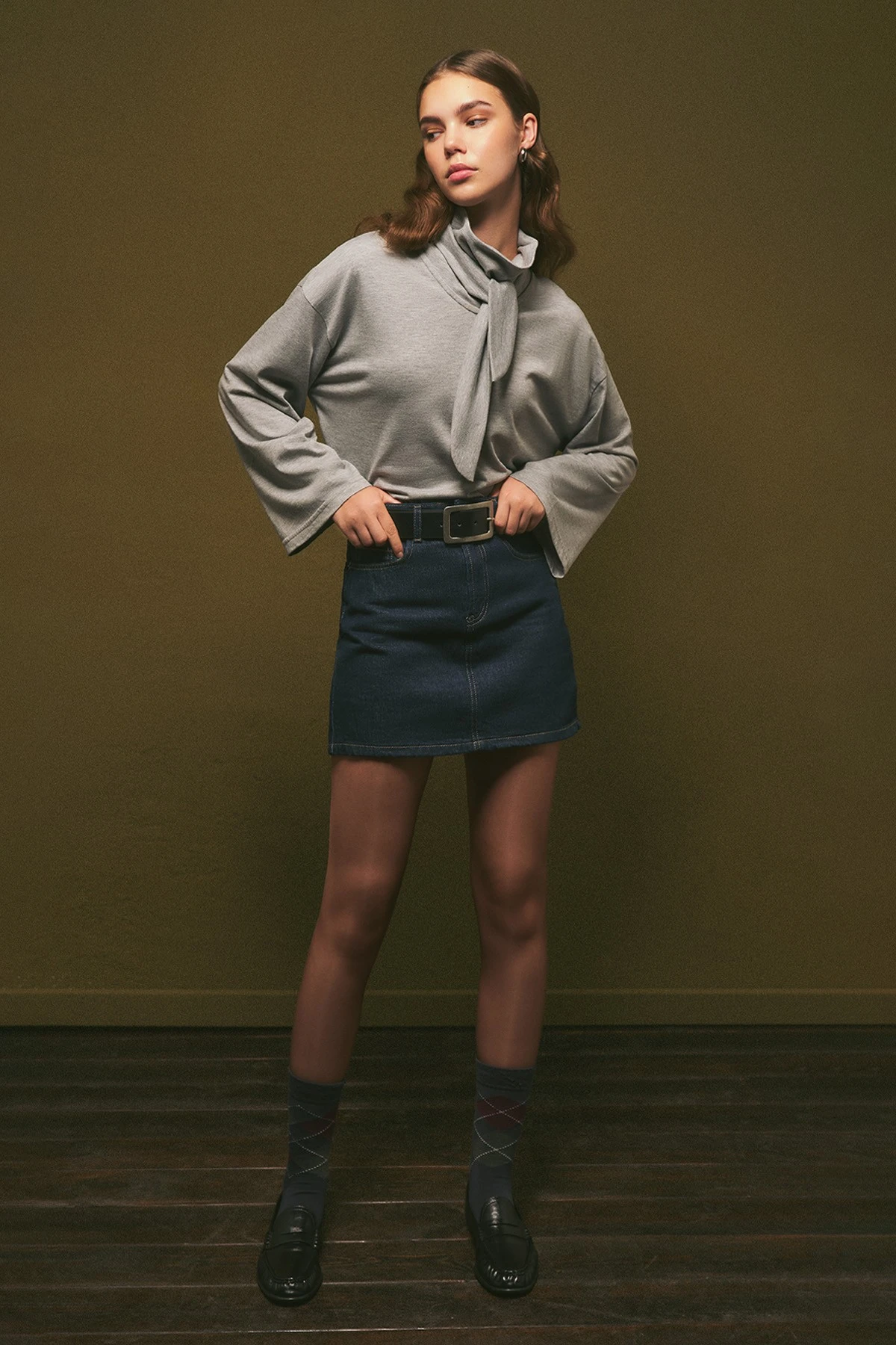 HIGH NECK TIE-BLOUSE GREY MELANGE