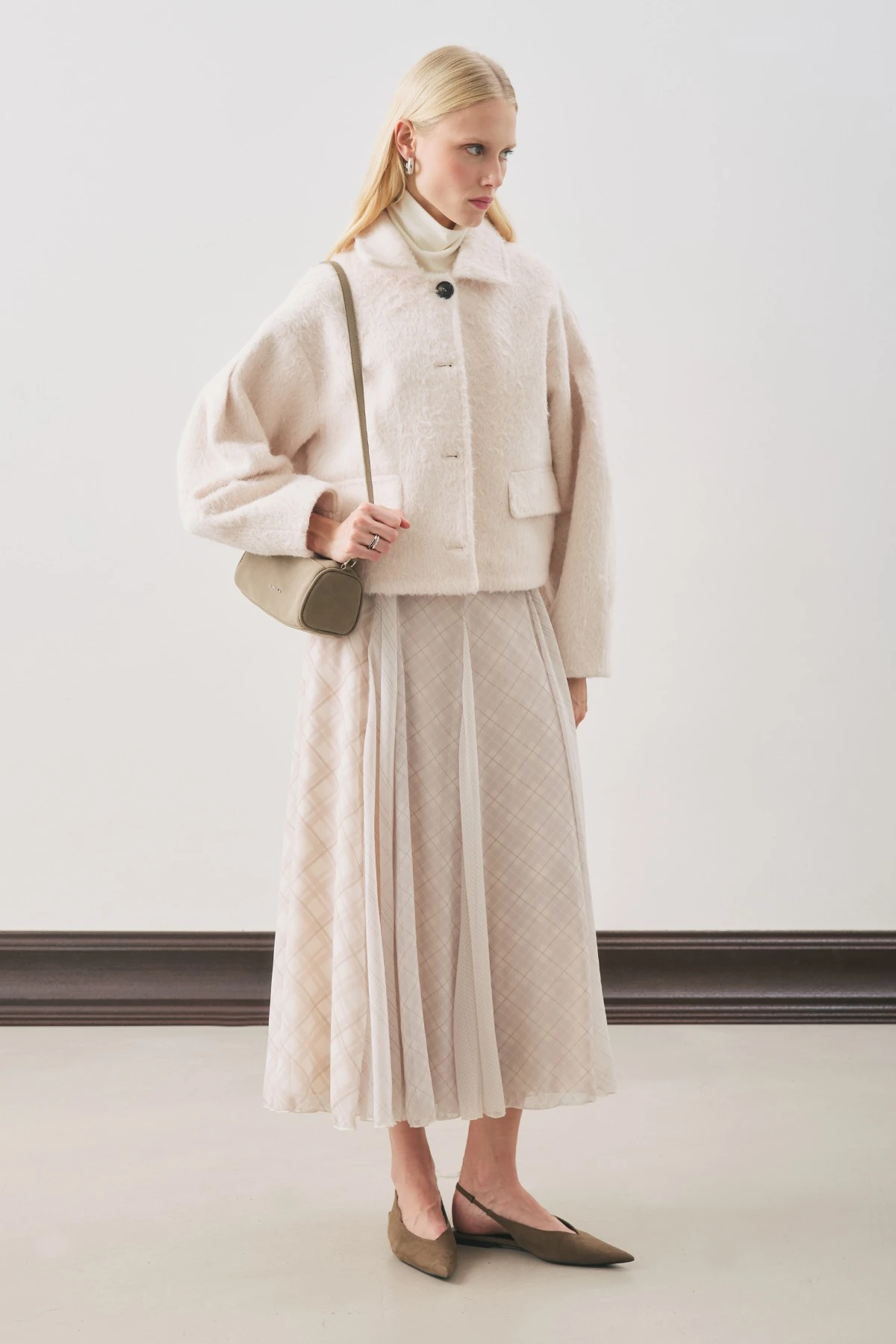 EKOSE DESENLİ VOLANLI ETEK EKRU