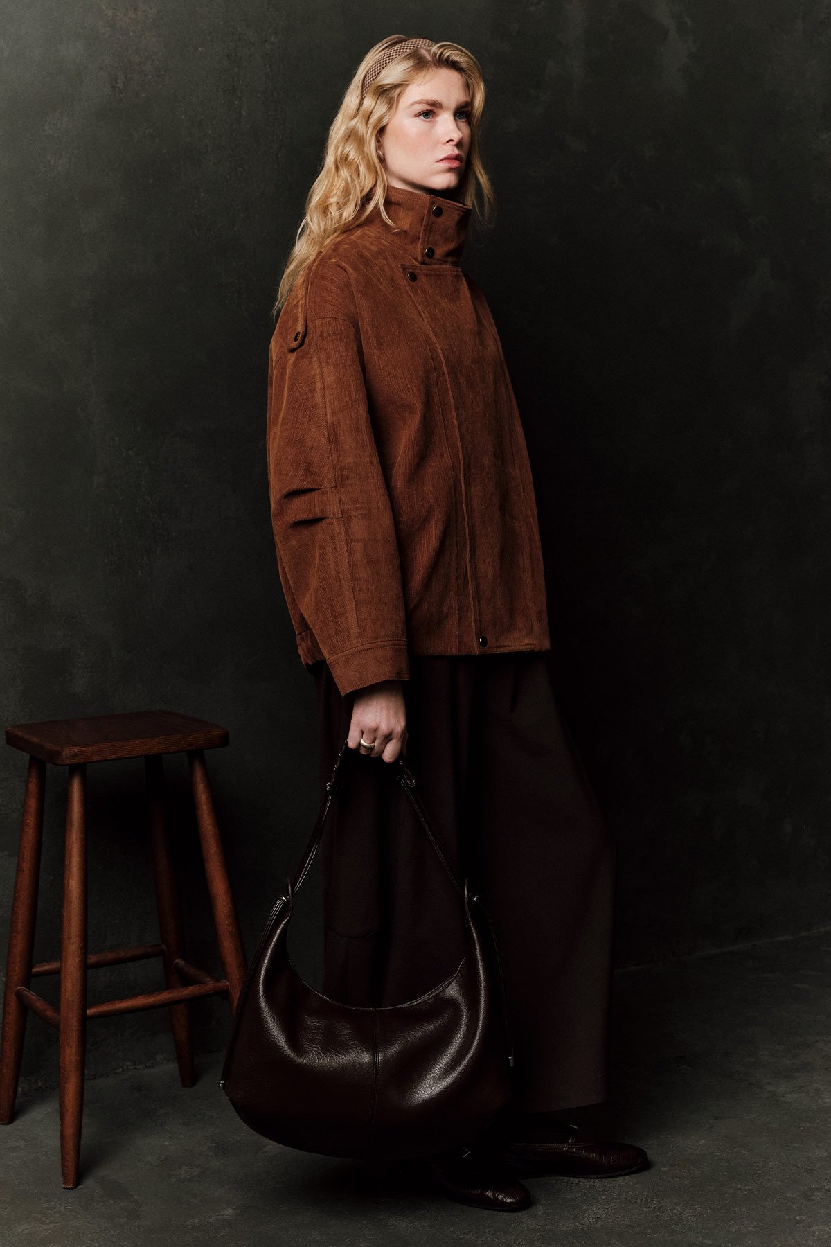 FLOCK PRINTED JACKET WITH FUR COLLAR CAMEL