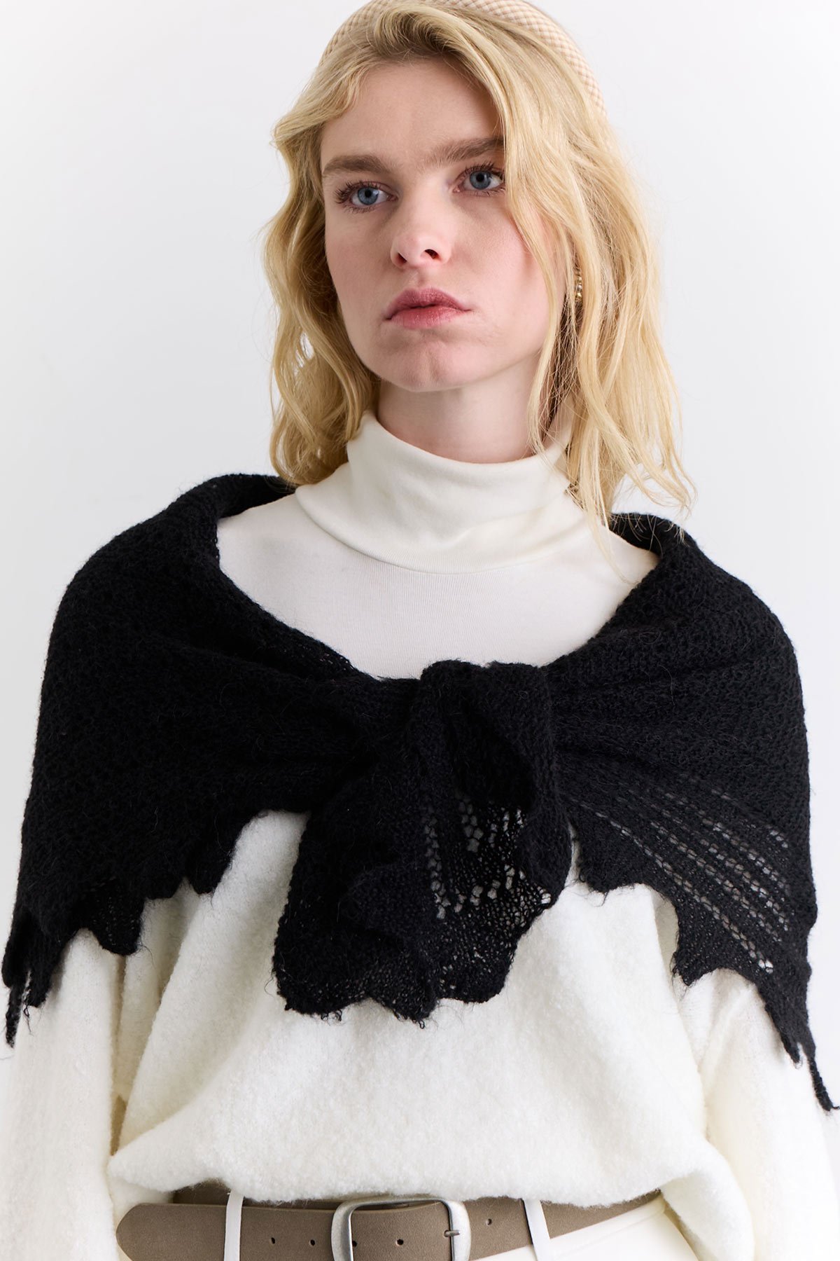 AJUR ÖRGÜ GENİŞ ŞAL SİYAH - 2