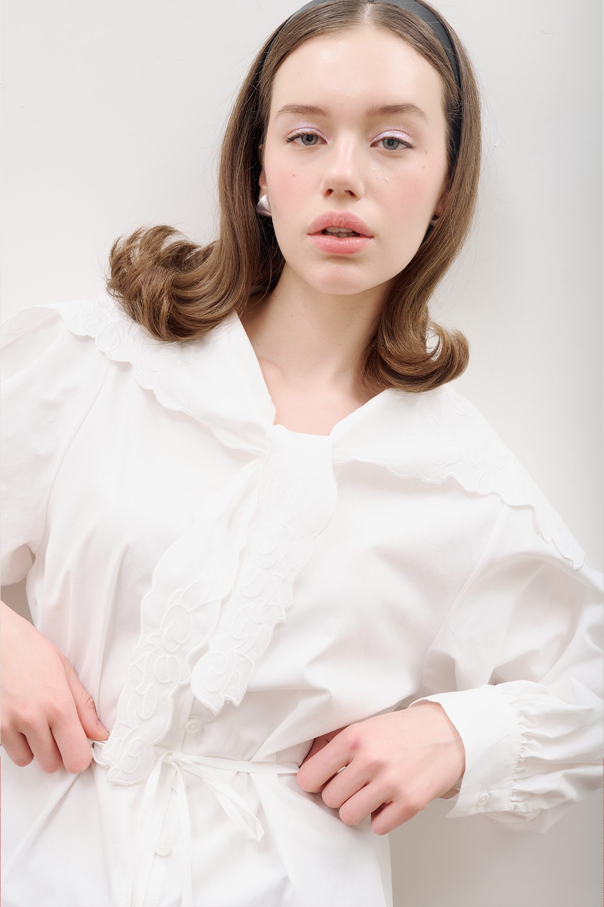 NAKIŞLI GENİŞ YAKA GÖMLEK EKRU - 4