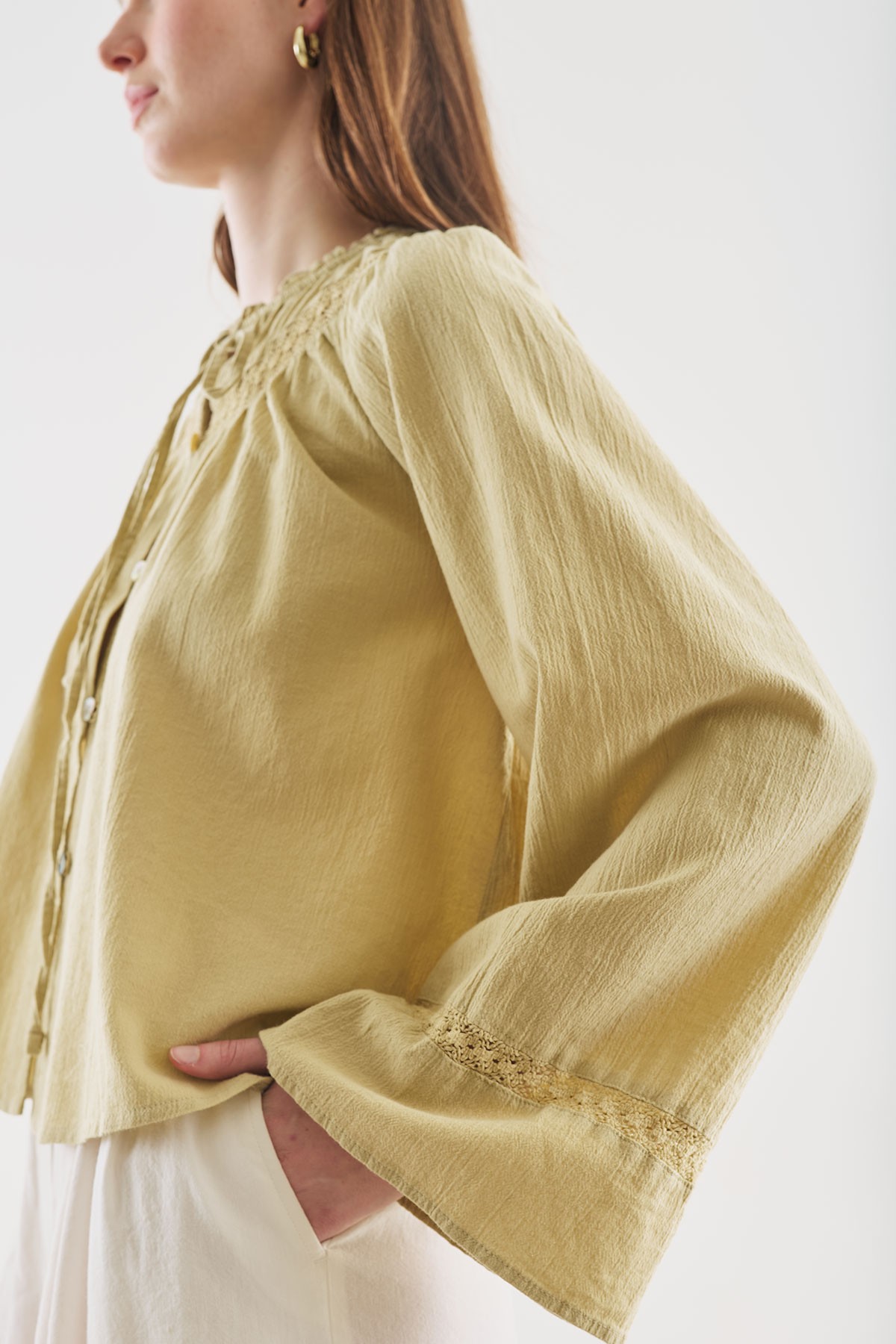 DOKULU İŞLEMELİ KISA BLUZ SOFT YEŞİL - 5