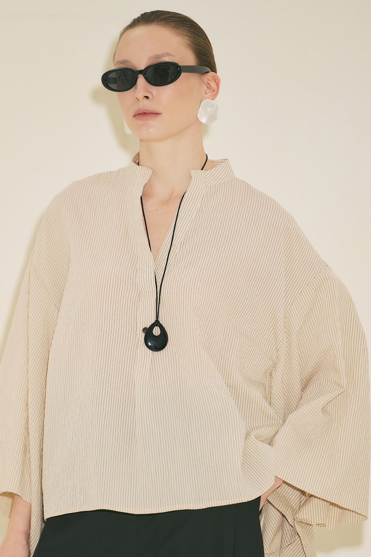 KİMONO KOL BLUZ EKRU ÇİZGİLİ