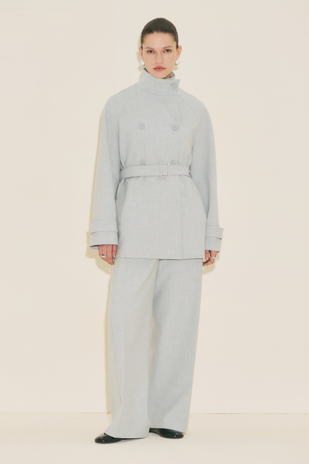 YÜKSEK YAKA KEMERLİ TRENÇKOT MAVİ