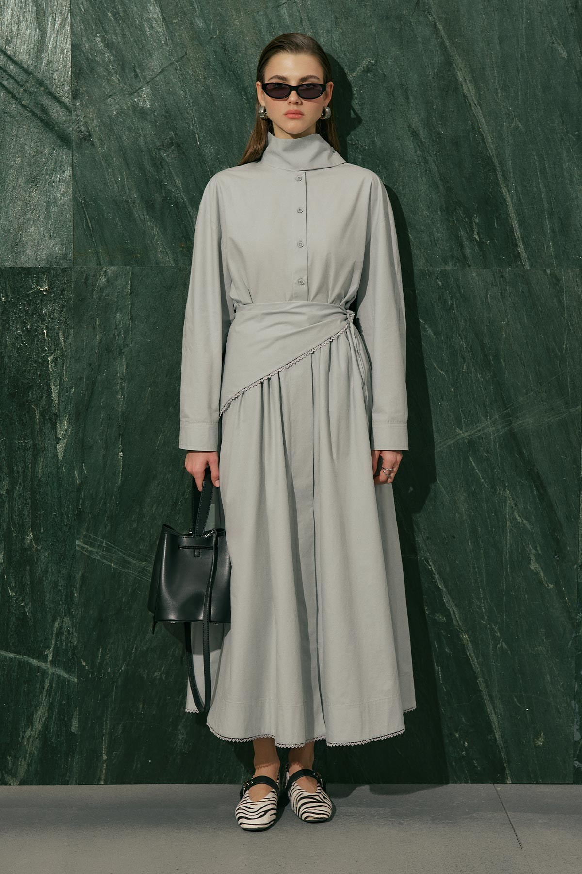 BAĞLAMA YAKA BLUZ MAVİ