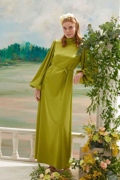 BALON KOL SATEN ABİYE ELBİSE FISTIK YEŞİLİ 