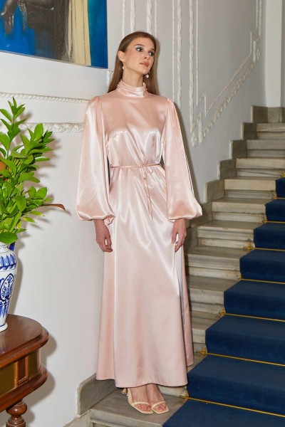 BALON KOL SATEN ABİYE ELBİSE PUDRA 