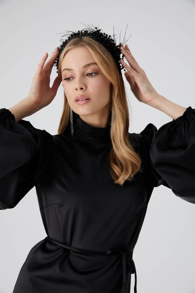 BALON KOL SATEN ABİYE ELBİSE SİYAH 