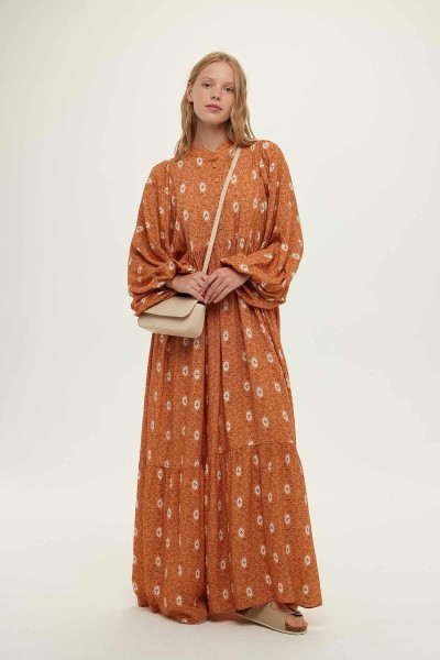 VISCOSE BALLOON SLEEVE DRESS ORANGE 