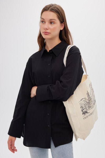 BASKILI KÖRÜKLÜ BEZ ÇANTA LONDON 