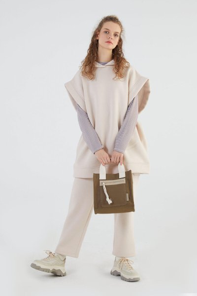 LEATHER DETAILED TOTE BAG KHAKI 