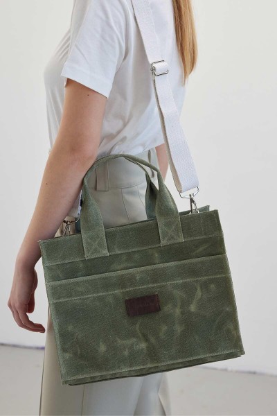 WASHING EFFECT MEDIUM CANVAS BAG MILITARY GREEN 