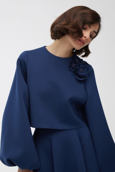 BALLOON SLEEVE BROCHED BLOUSE NIGHT BLUE 