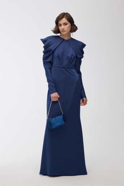 SHOULDER DRAPE DETAILED EVENING DRESS NIGHT BLUE 