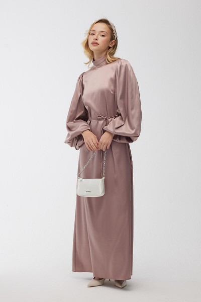 BALON KOL SATEN ABİYE ELBİSE SOĞUK PEMBE 