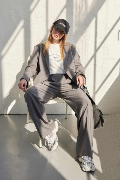 DOUBLE PLEATED PALAZZO TROUSERS GRAY 