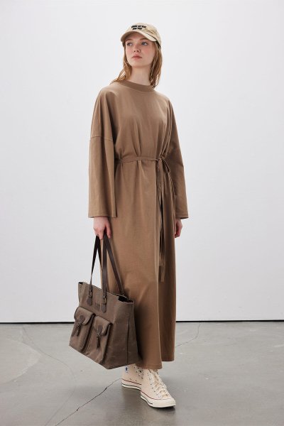 OVERSIZED LONG COMFORTABLE DRESS BROWN 