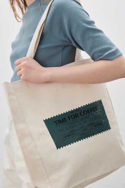 BASKILI KÖRÜKLÜ BEZ ÇANTA TIME FOR COFFEE 
