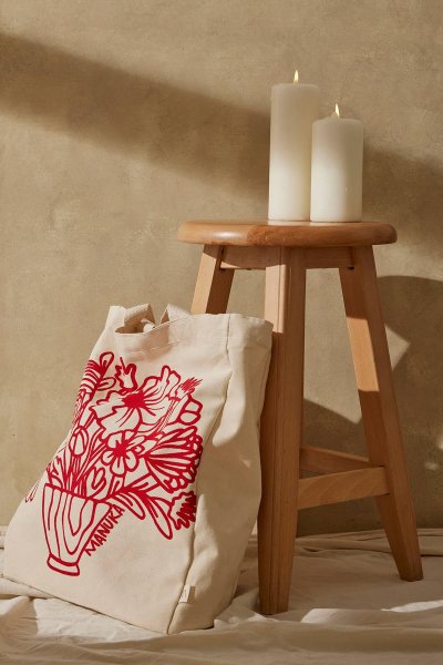 BASKILI KÖRÜKLÜ BEZ ÇANTA FLOWER-KIRMIZI 