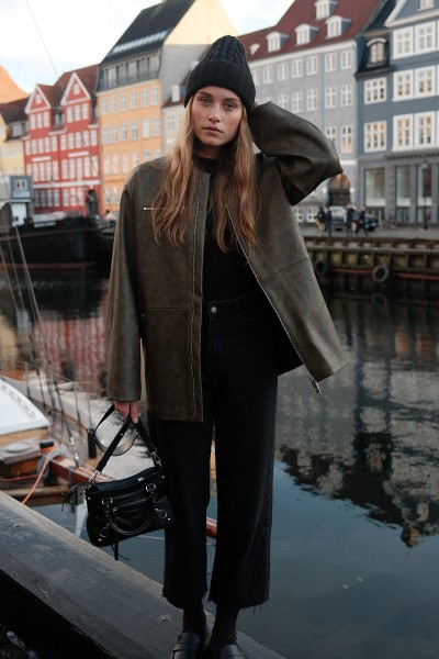 AGED EFFECT LEATHER JACKET GREEN 