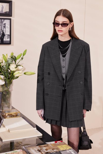 OVERSIZE DOUBLE-BREASTED BLAZER JACKET PLAID 
