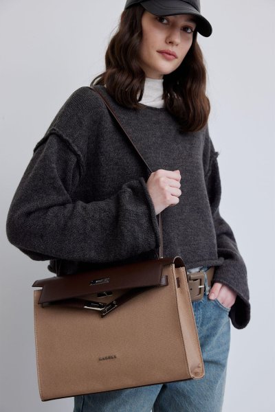 DERİ DETAYLI KANVAS ÇANTA CAMEL 