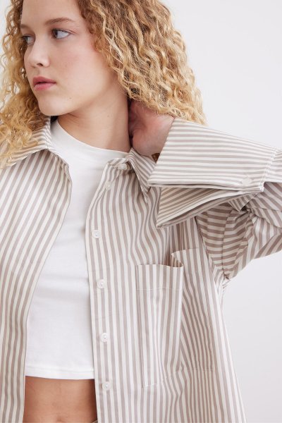 GENİŞ MANŞETLİ ÇİZGİLİ GÖMLEK BEJ 