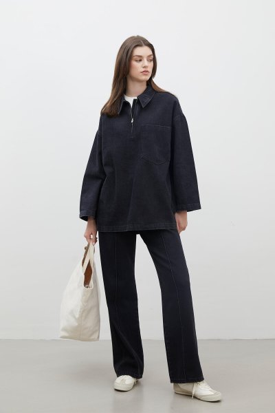 DİKİŞ DETAYLI STRAIGHT DENİM PANTOLON SİYAH 