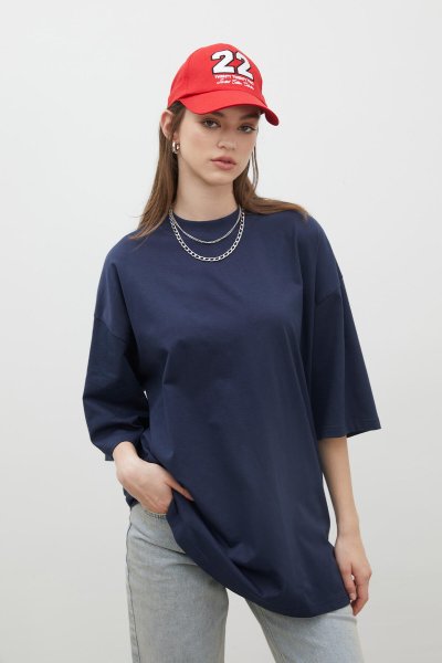 OVERSIZE PAMUKLU KISA KOL TSHIRT LACİVERT 