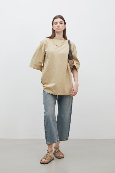 OVERSIZE PAMUKLU KISA KOL TSHIRT CAMEL 