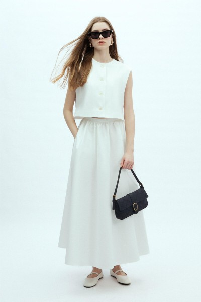 ÖNDEN DÜĞMELİ KISA YELEK EKRU 