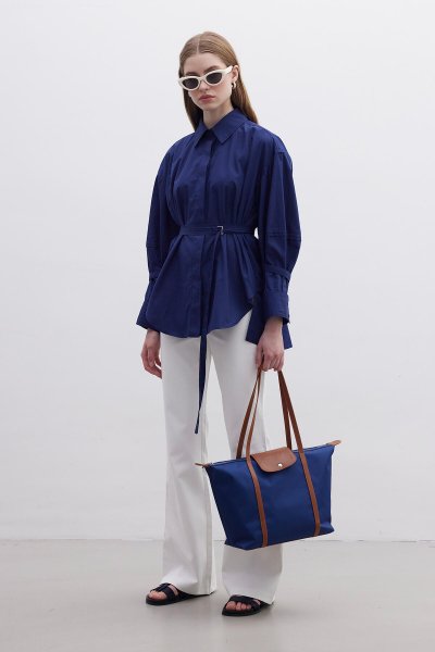 KEMER DETAYLI GÖMLEK LACİVERT 