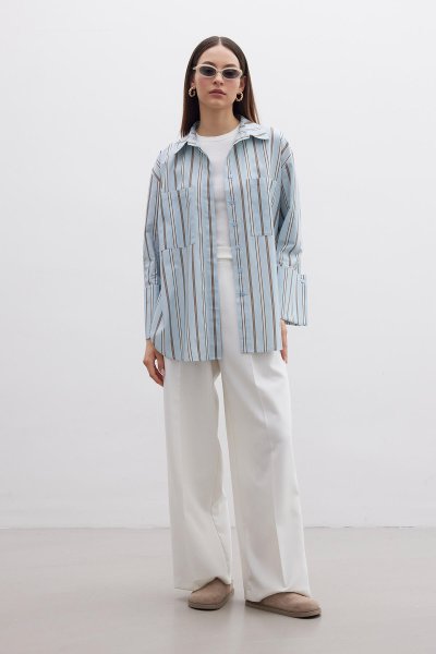 GENİŞ MANŞETLİ ÇİZGİLİ GÖMLEK MAVİ-KAHVE ÇİZGİLİ 