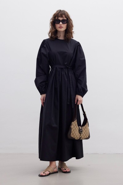 BÜZGÜLÜ PREMIUM POPLİN ELBİSE SİYAH 