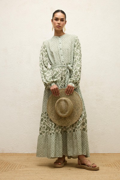 DESENLİ KATLI VİSKON ELBİSE GREEN SIMONE 