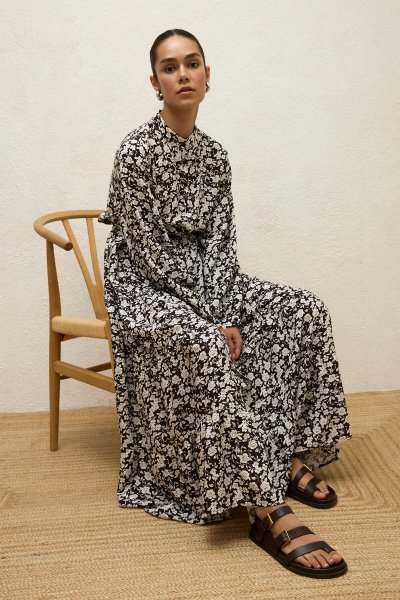 DESENLİ KATLI VİSKON ELBİSE POPPY ACI KAHVE 