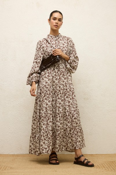 DESENLİ KATLI VİSKON ELBİSE POPPY TOZLU KAHVE 