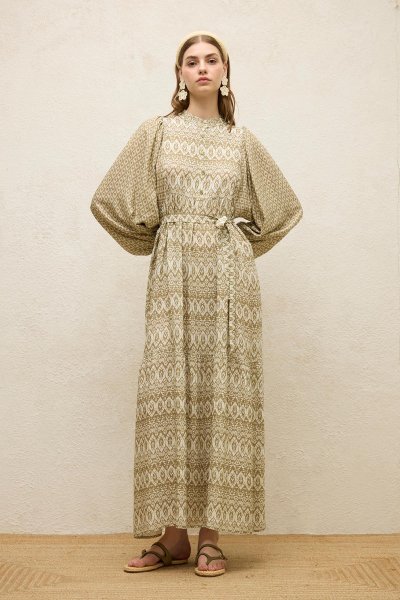 VISCOSE BALLOON SLEEVE DRESS DUSTY GREEN 