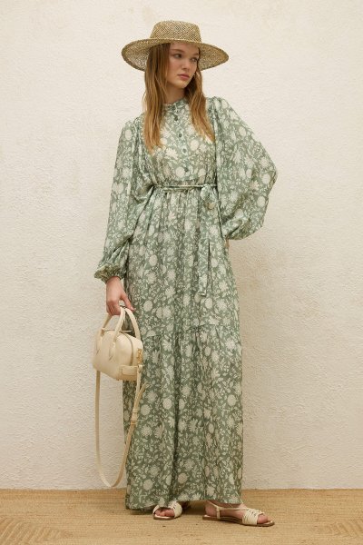 VISCOSE BALLOON SLEEVE DRESS ETHNIC-UNRIPE ALMOND 