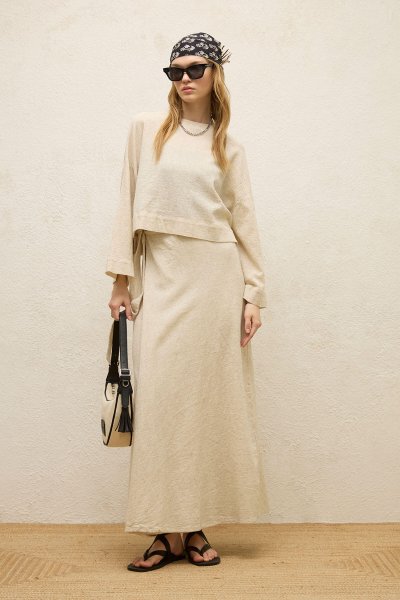 COTTON WIDE SLEEVE CROP BLOUSE NATURAL 