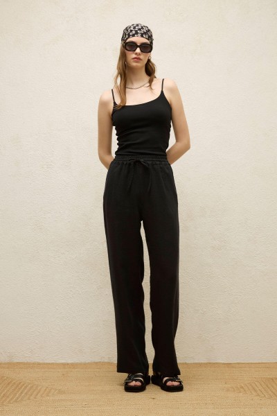 COMFORTABLE LINEN TROUSERS WITH POCKETS BLACK 