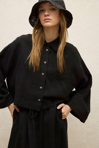 LINEN LONG SLEEVE CROP SHIRT BLACK 